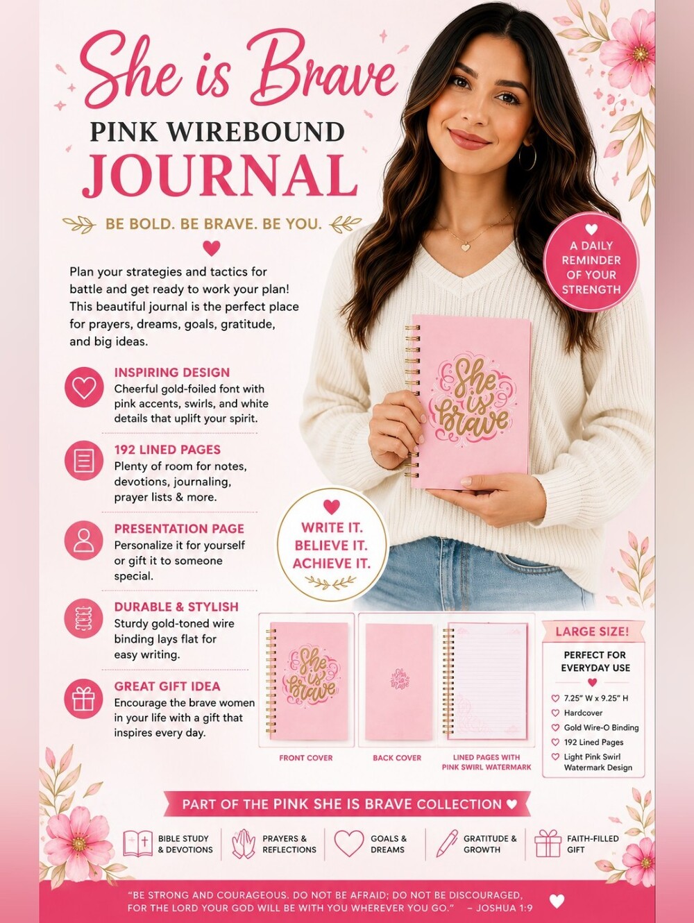 She Is Brave Pink Large Wirebound Journal | Christian Faith Journal